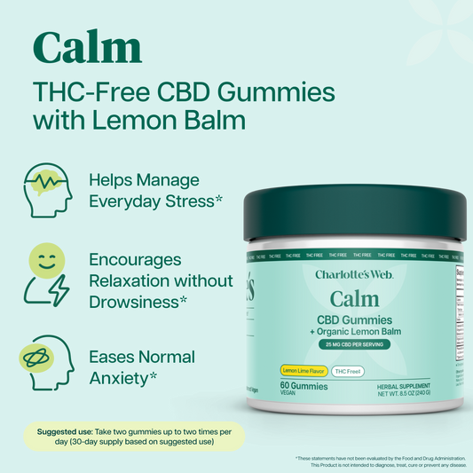 Charlotte Web CBD Gummies with Lemon Balm in a dark green jar, set against a light teal background with promotional text and icons for stress, relaxation, and anxiety relief.