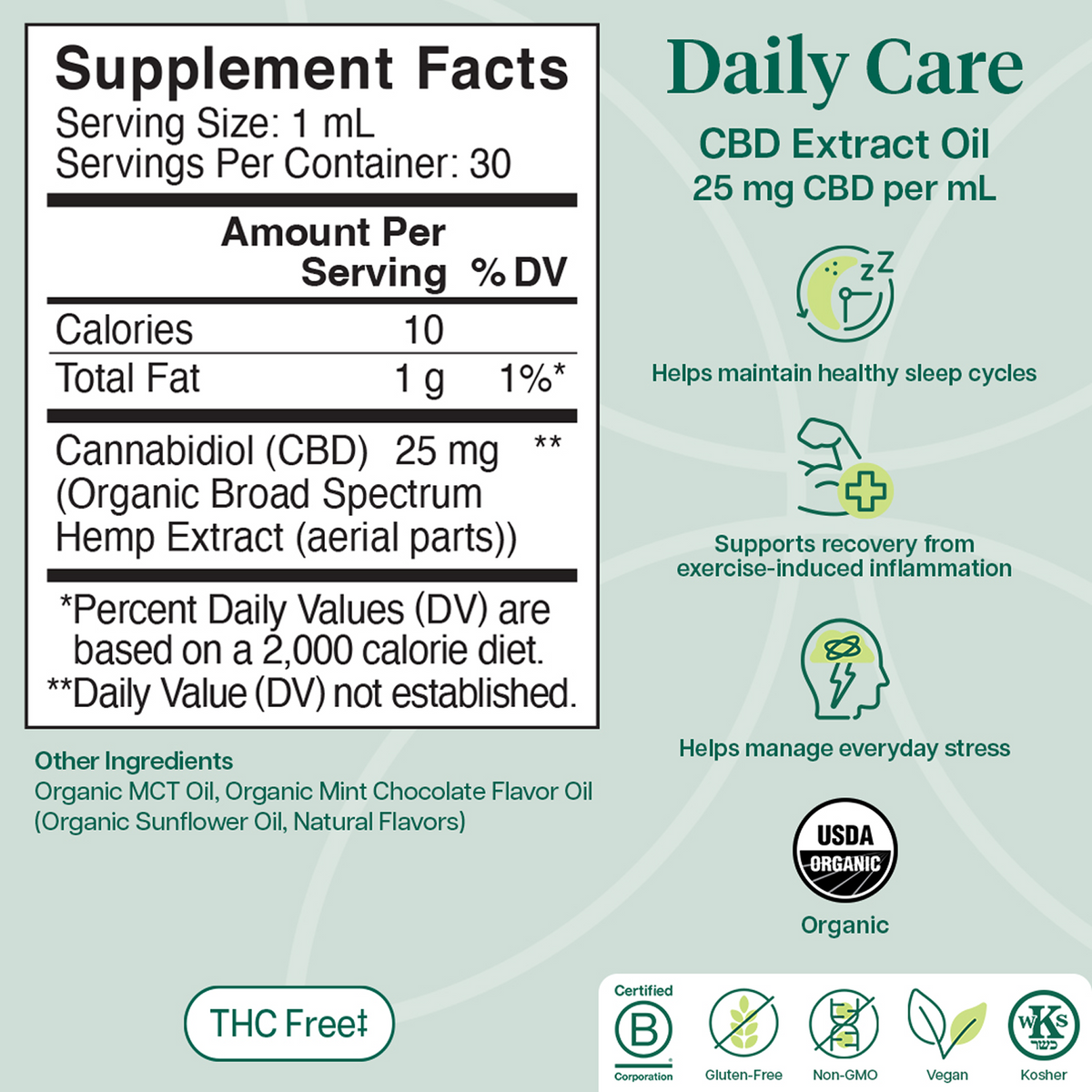 Supplement facts label for CBD extract oil on a light green background