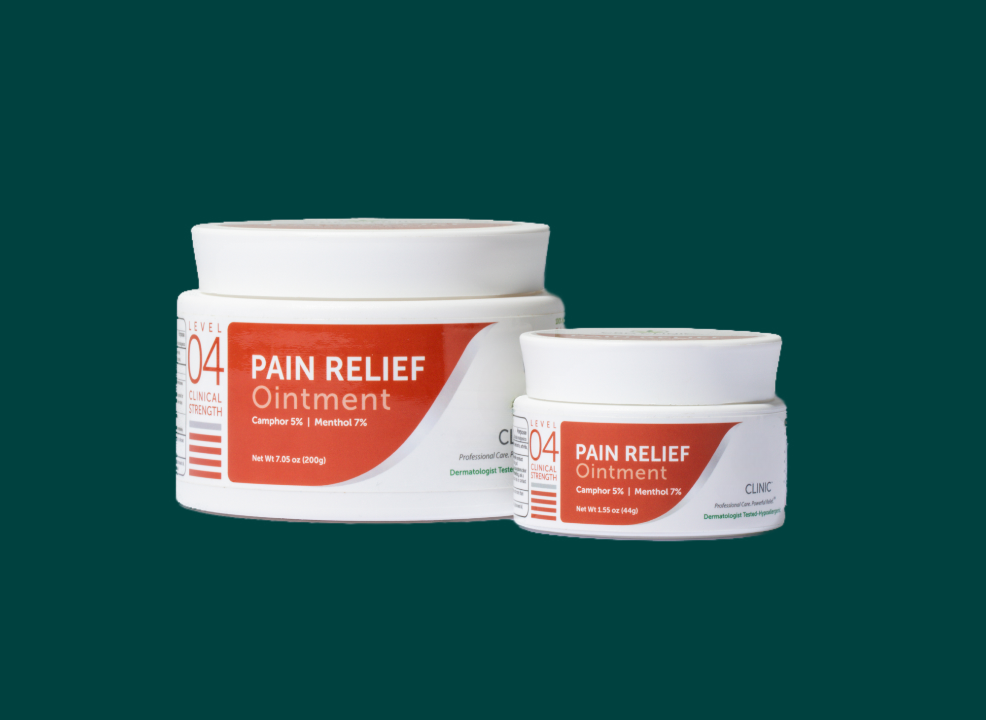 Two jars of pain relief ointment on a green background