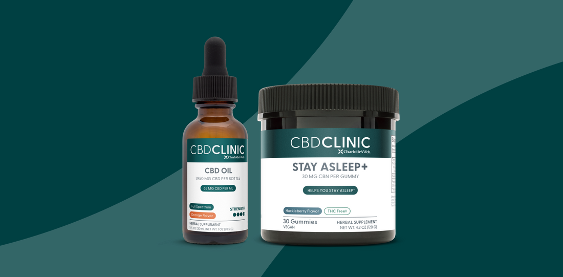 Bottle of CBD Clinic CBD Oil and Stay Asleep Plus Gummies