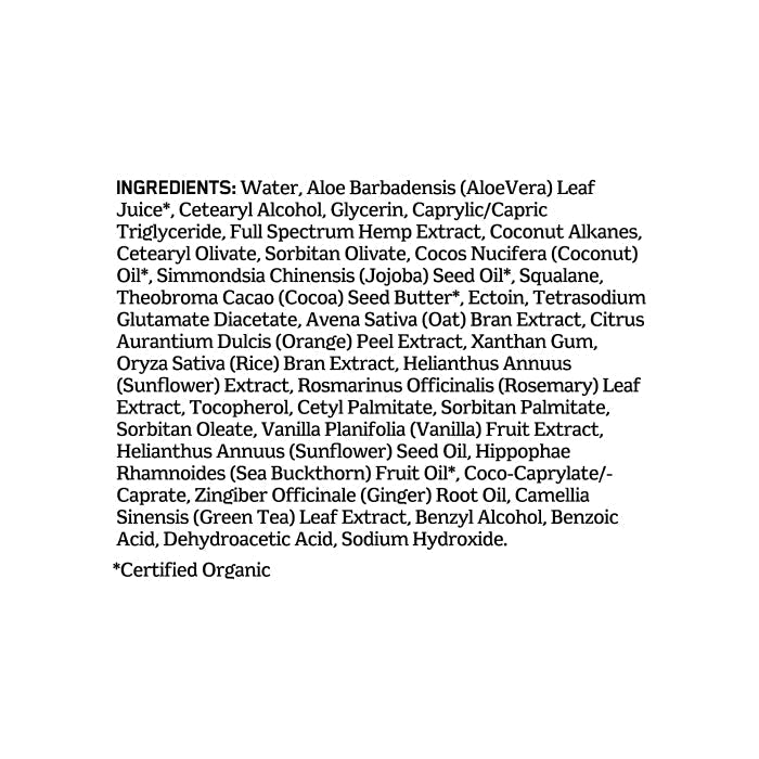 Ingredient list for a skincare product featuring certified organic extracts, oils, and natural compounds in a clean, bolded format.