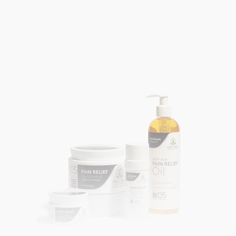 Pain relief product set with bottle, jar, and container on a white background