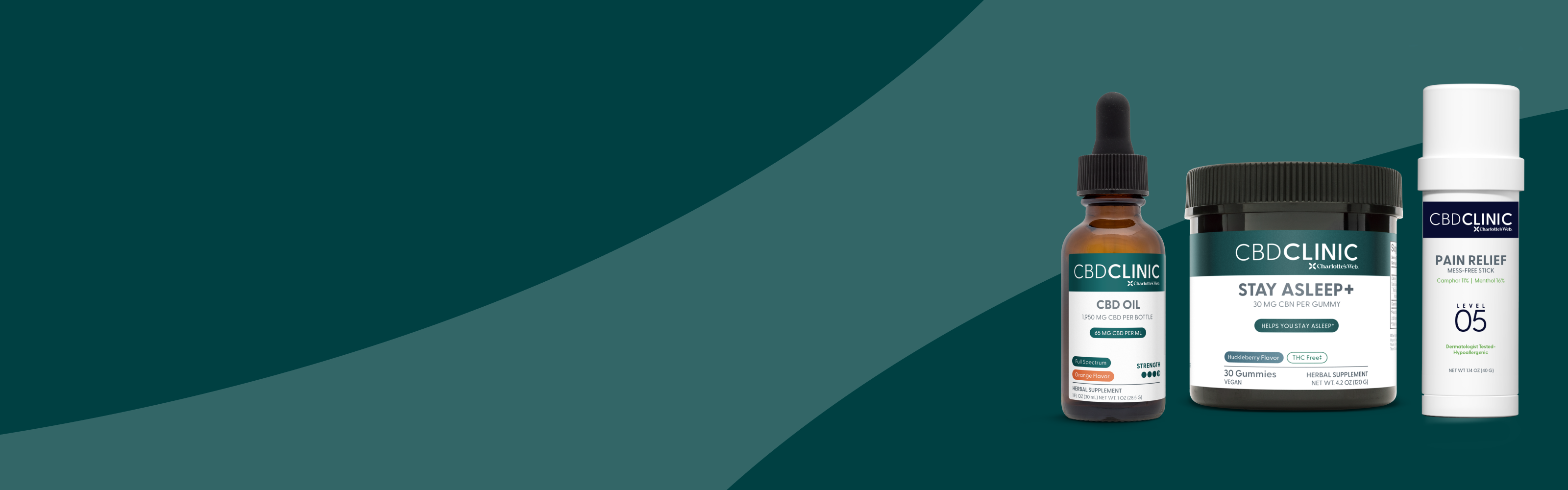 Collection of CBD Clinic products including a bottle, a jar, and a dropper on a green background