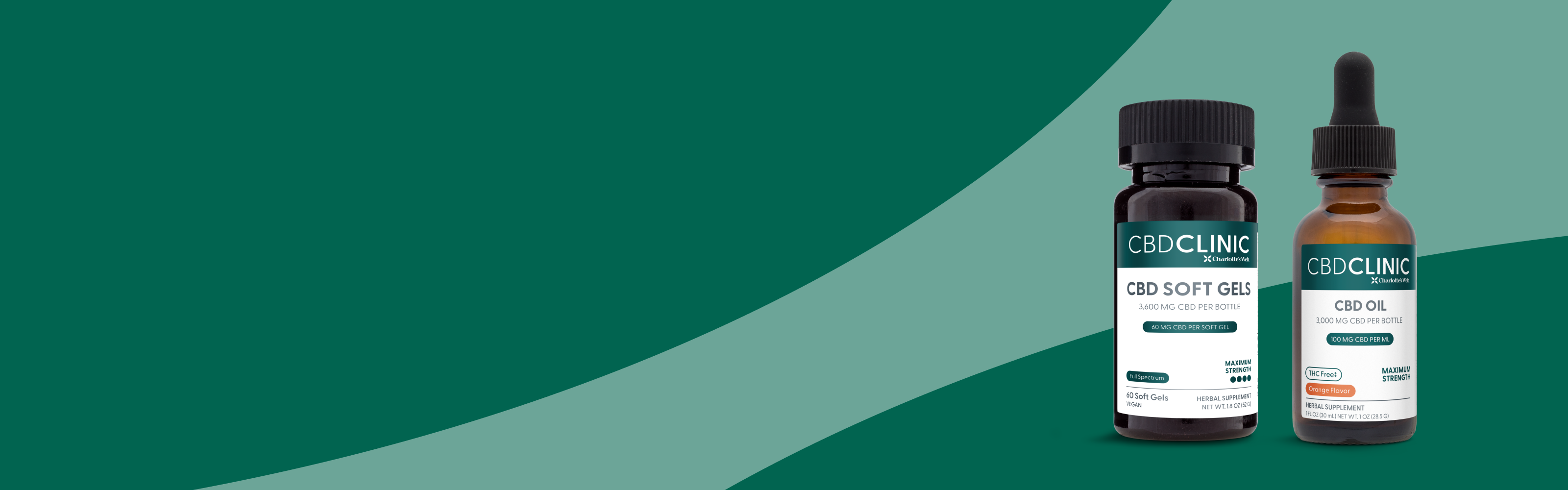 Two CBD Clinic products on a green and blue gradient background