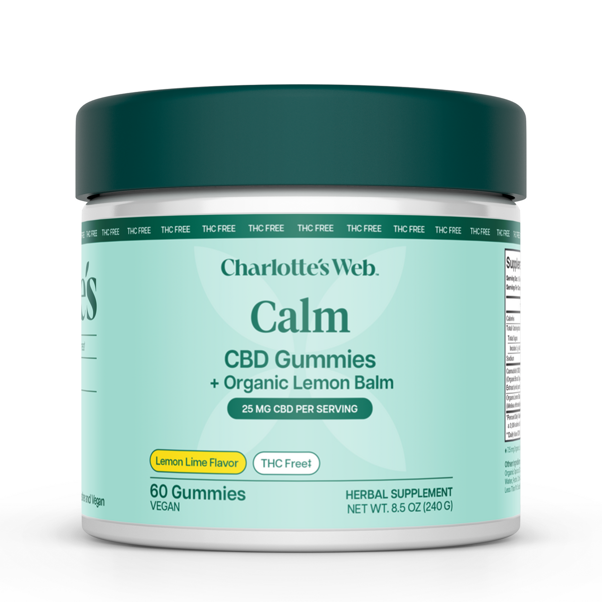 Charlotte's Web Calm CBD Gummies + Organic Lemon Balm in a white plastic jar with a dark teal lid and a light teal label, on a white background.