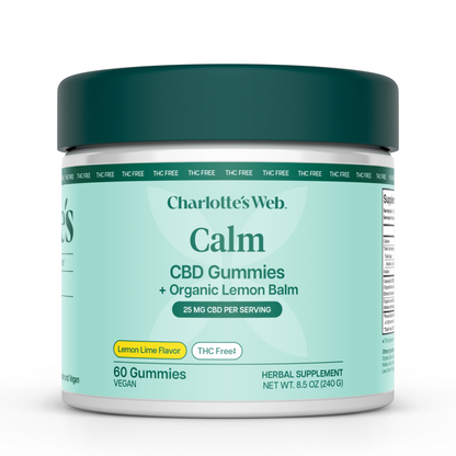 Charlotte's Web Calm CBD Gummies + Organic Lemon Balm in a white plastic jar with a dark teal lid and a light teal label, on a white background.