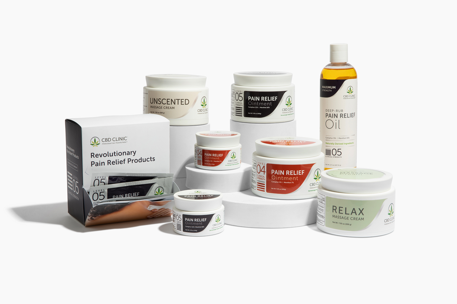 Collection of pain relief products including bottles, jars, and boxes on a white background