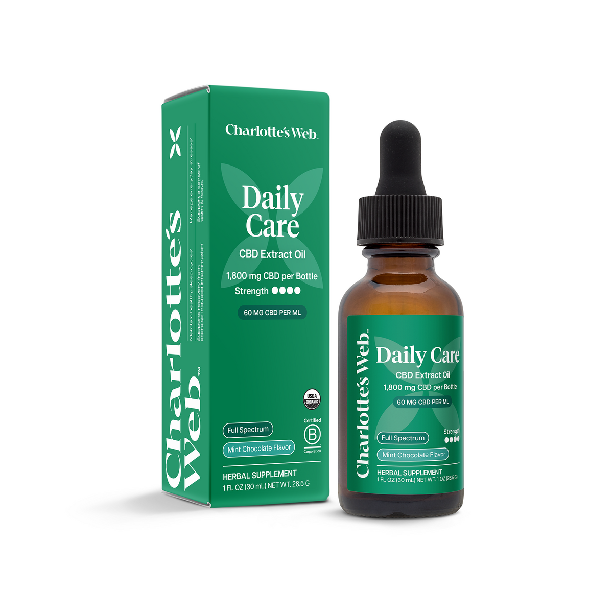 Charlotte's Web Daily Care CBD Extract Oil bottle and packaging on a white background