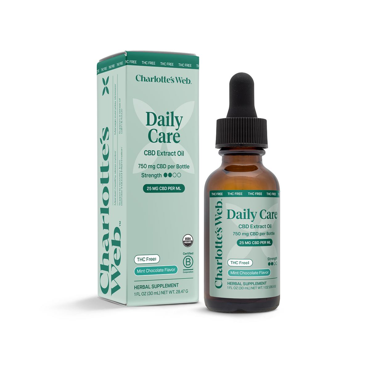 Charlotte's Web Daily Care CBD Extract Oil bottle and packaging on a white background