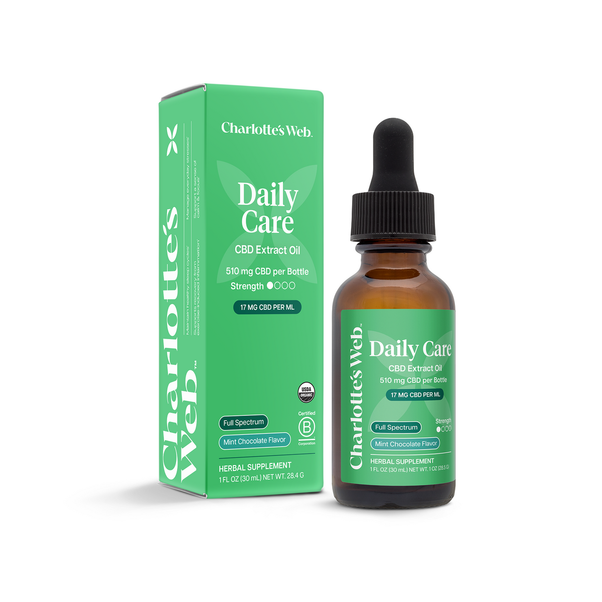 Charlotte's Web Daily Care CBD Extract Oil bottle and packaging on a white background