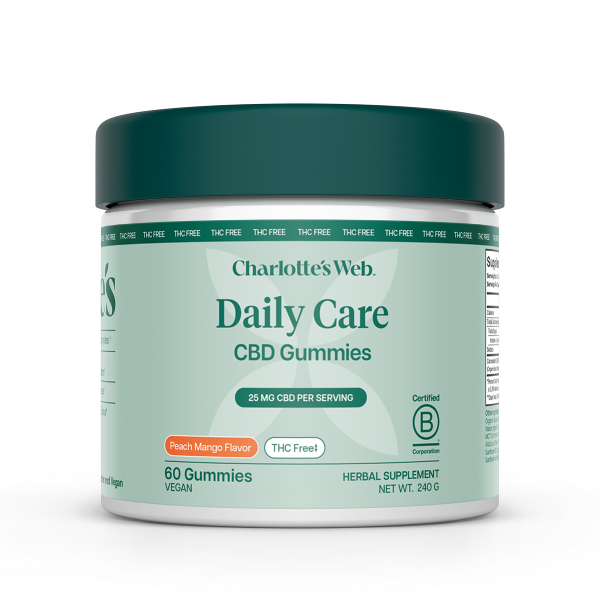Jar of Charlotte's Web Daily Care CBD Gummies on a white background