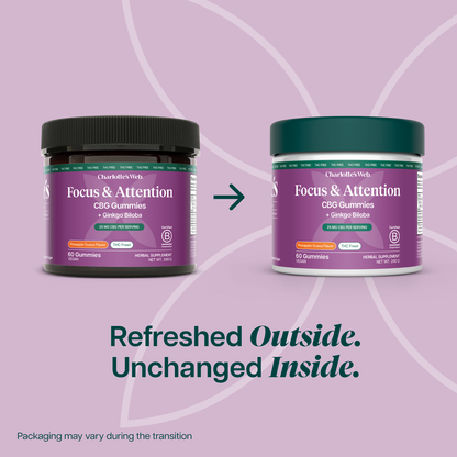 Two containers of Charlotte's Web Focus & Attention CBD Gummies on a purple background with text 'Refreshed Outside. Unchanged Inside.
