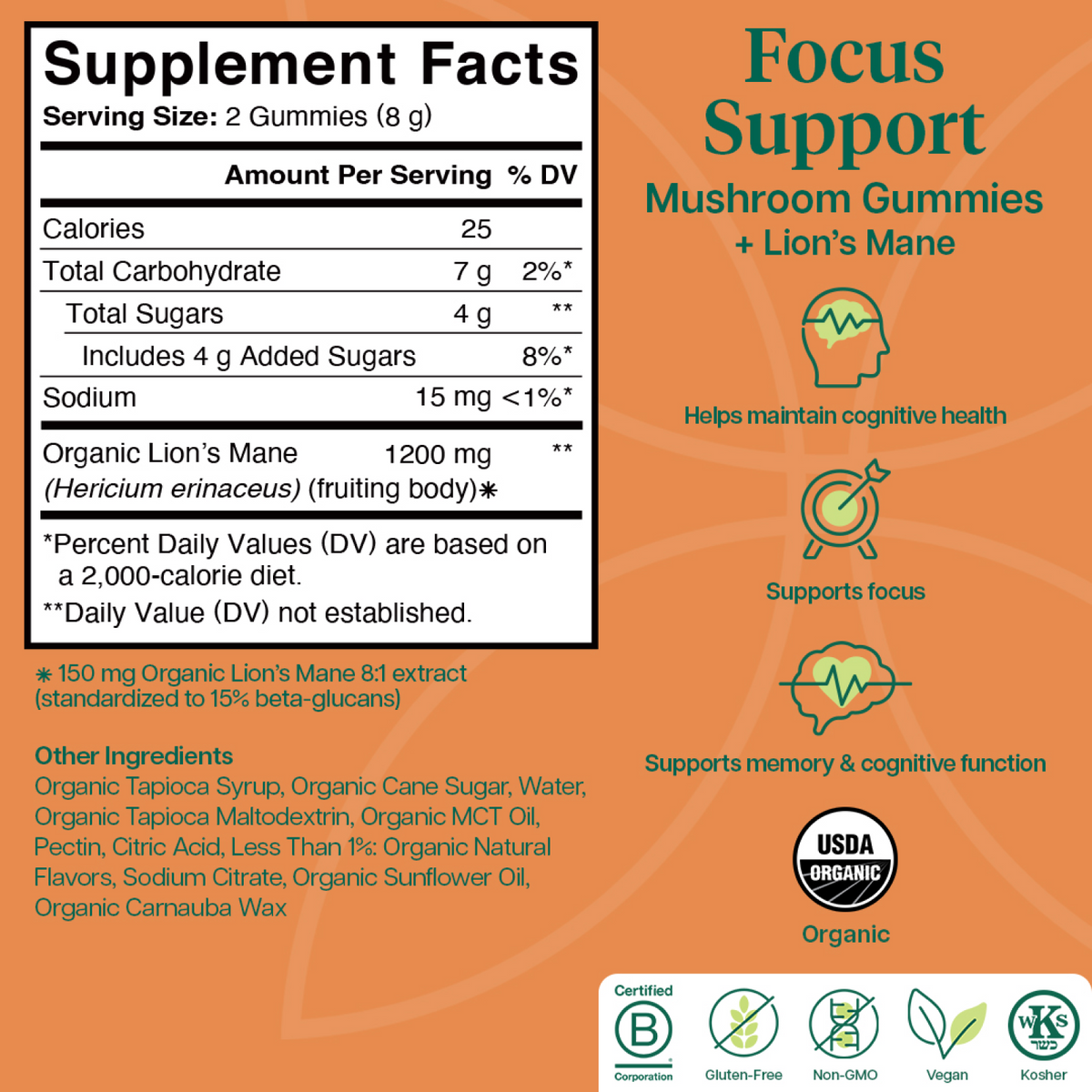 Focus Support Mushroom Gummies Supplement Facts on an orange background with benefit icons