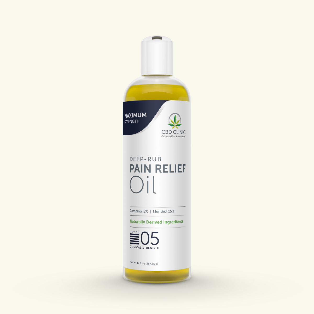 Bottle of CBD Clinic deep-rub pain relief oil on a white background