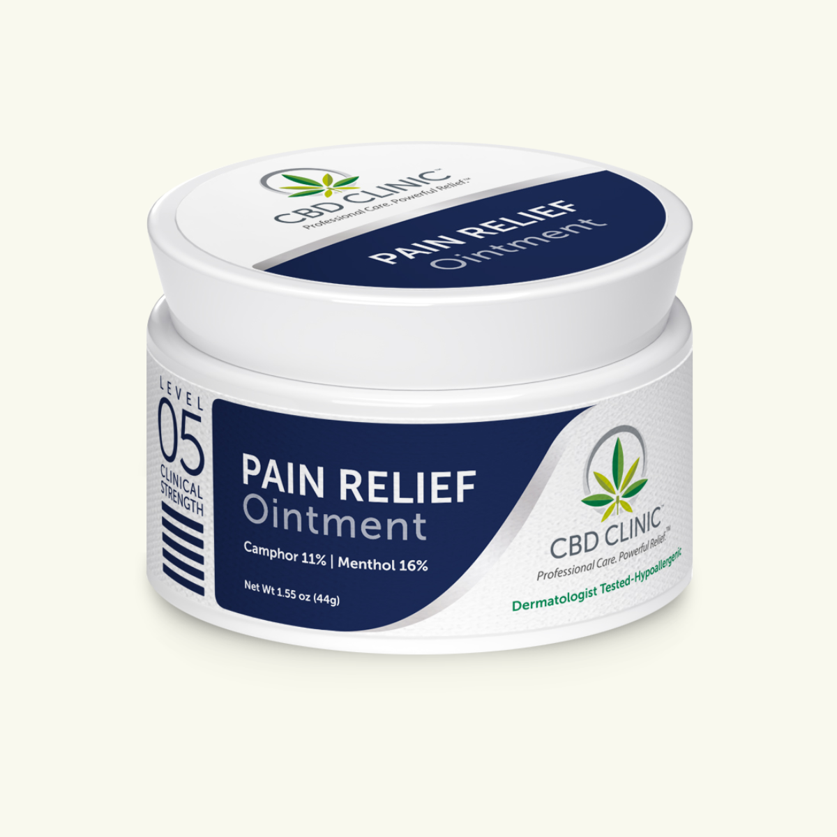 Jar of CBD Clinic Pain Relief Ointment on a white background