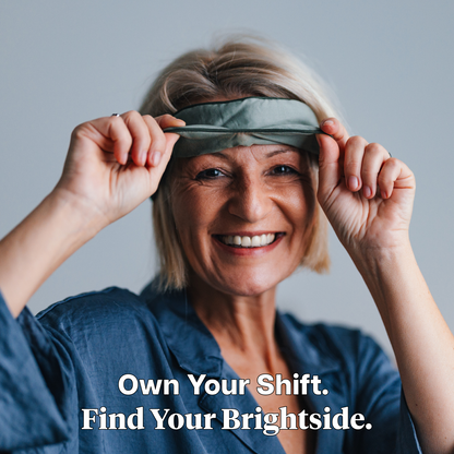 Woman holding a visor with text 'Own Your Shift. Find Your Brightside.'