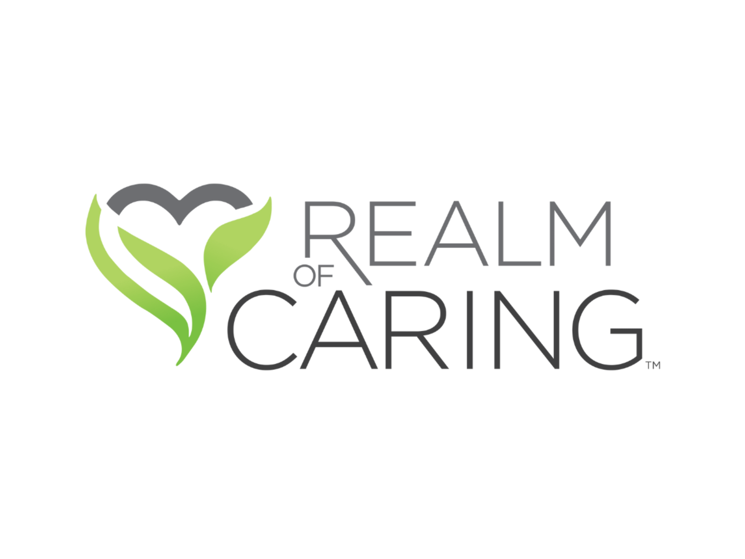 Logo of Realm of Caring with green leaves and text on a white background