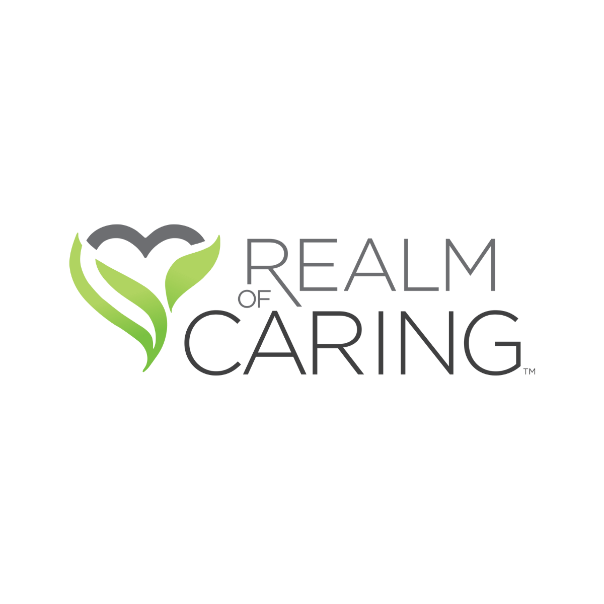 Logo of Realm of Caring with green leaves and text on a white background