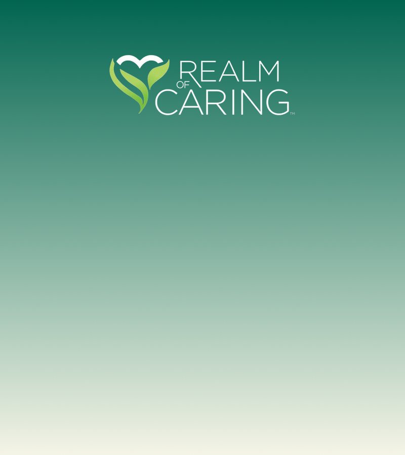 Realm of caring logo on a gradient green background