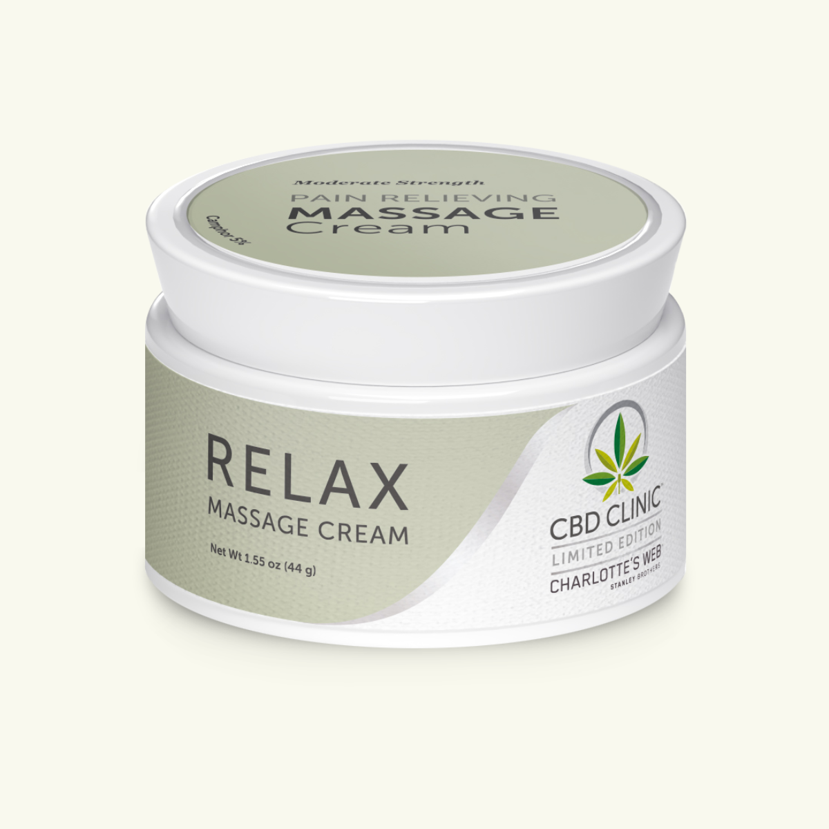 Jar of Relax Massage Cream with CBD Clinic branding on a white background