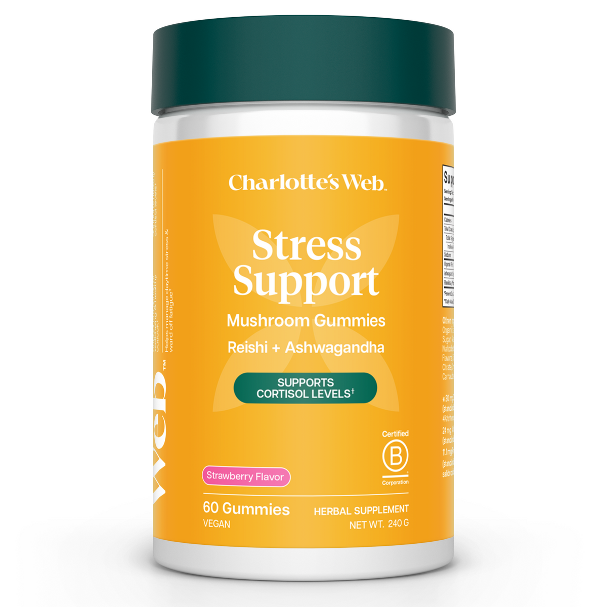 60ct packaging of Stress Support Mushroom Gummies on a white background