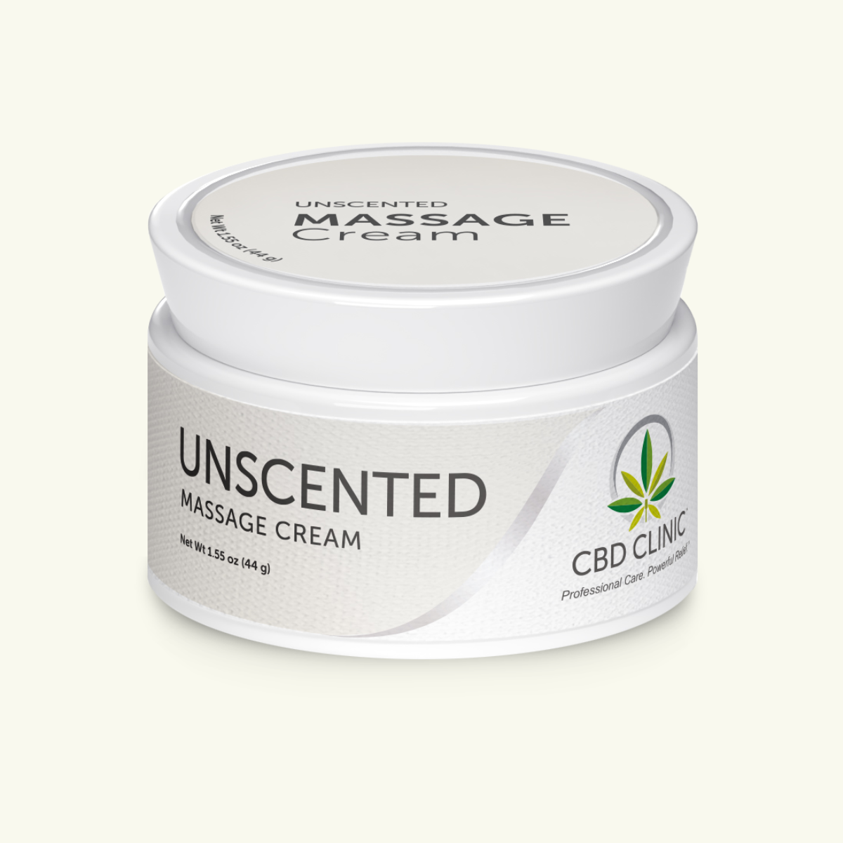 Jar of unscented massage cream with CBD Clinic branding on a white background