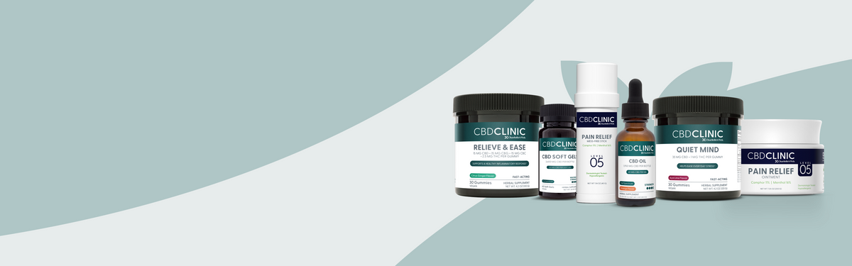 A lineup of five CBD Clinic skincare and wellness products on a stylized light gray and pale blue background. The products include jars and bottles labeled 'Relief & Ease', 'Pain Relief', 'Gore Massage', 'Cleansing', and 'Pain Relief' with dropper.