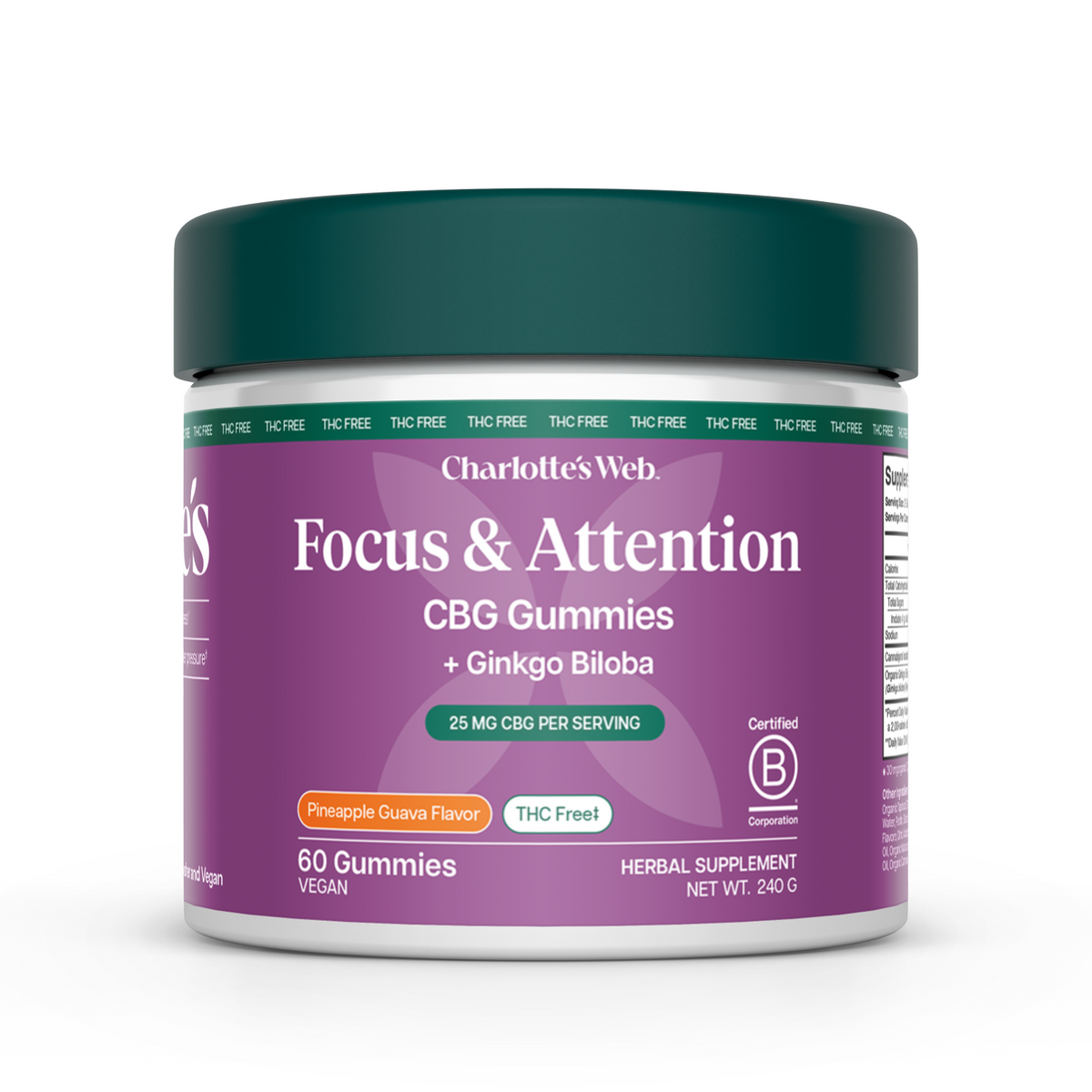 Jar of Charlotte's Web Focus & Attention CBG Gummies on a white background