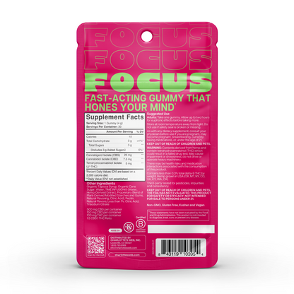 Pink supplement package labeled 'Focus' with green text on a white background